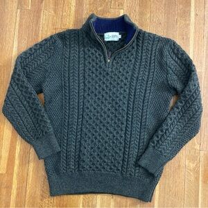 Original Aran Co. Sweater Mens L Grayish Green Merino Wool 1/4 Zip Cable Knit